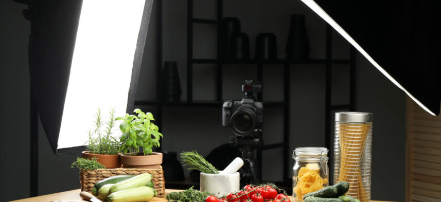 Shooting food in photo studio with professional lighting equipment
